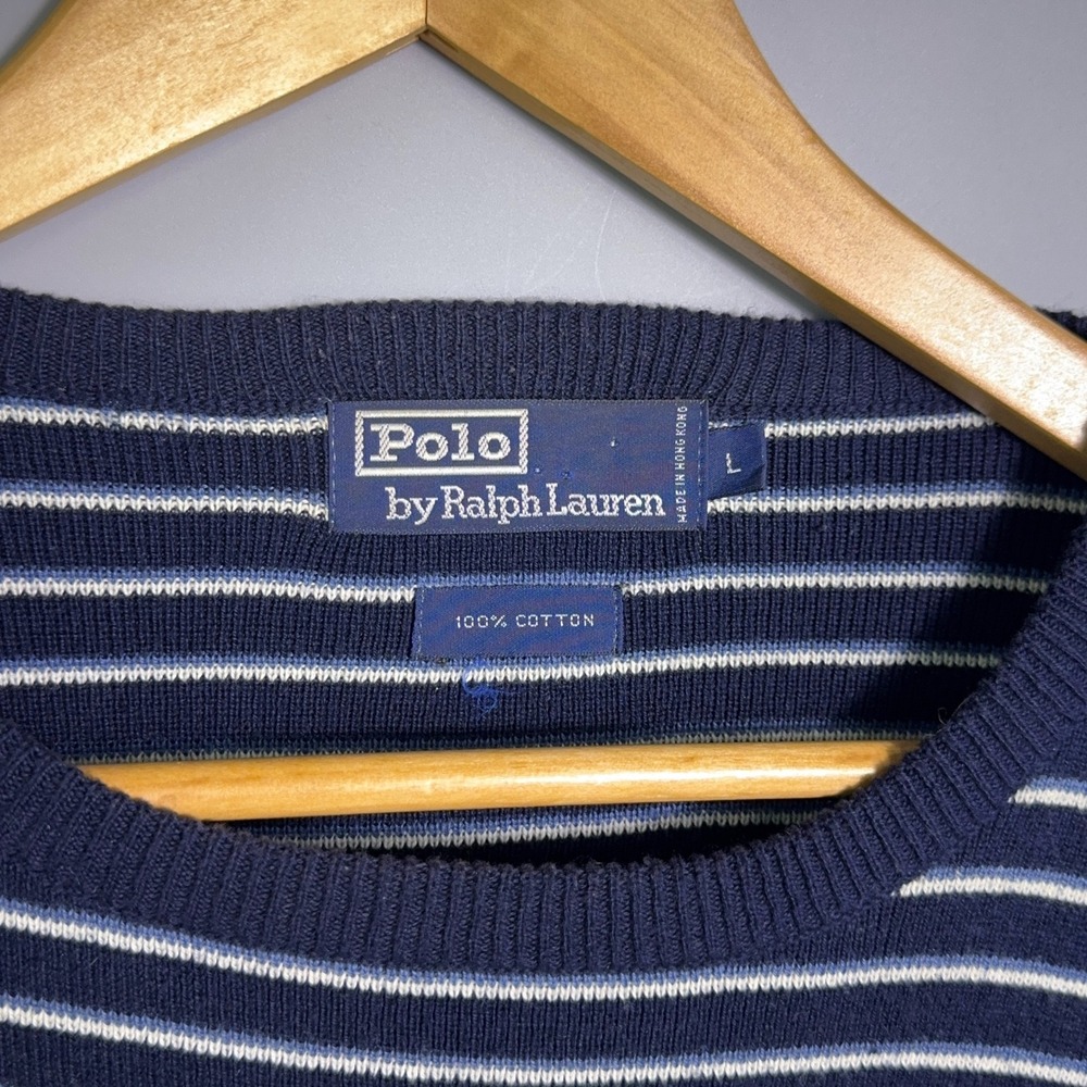 Polo Ralph Lauren Shirt Mens Size Large Striped Cotton Knit Navy Blue White - Picture 3 of 10